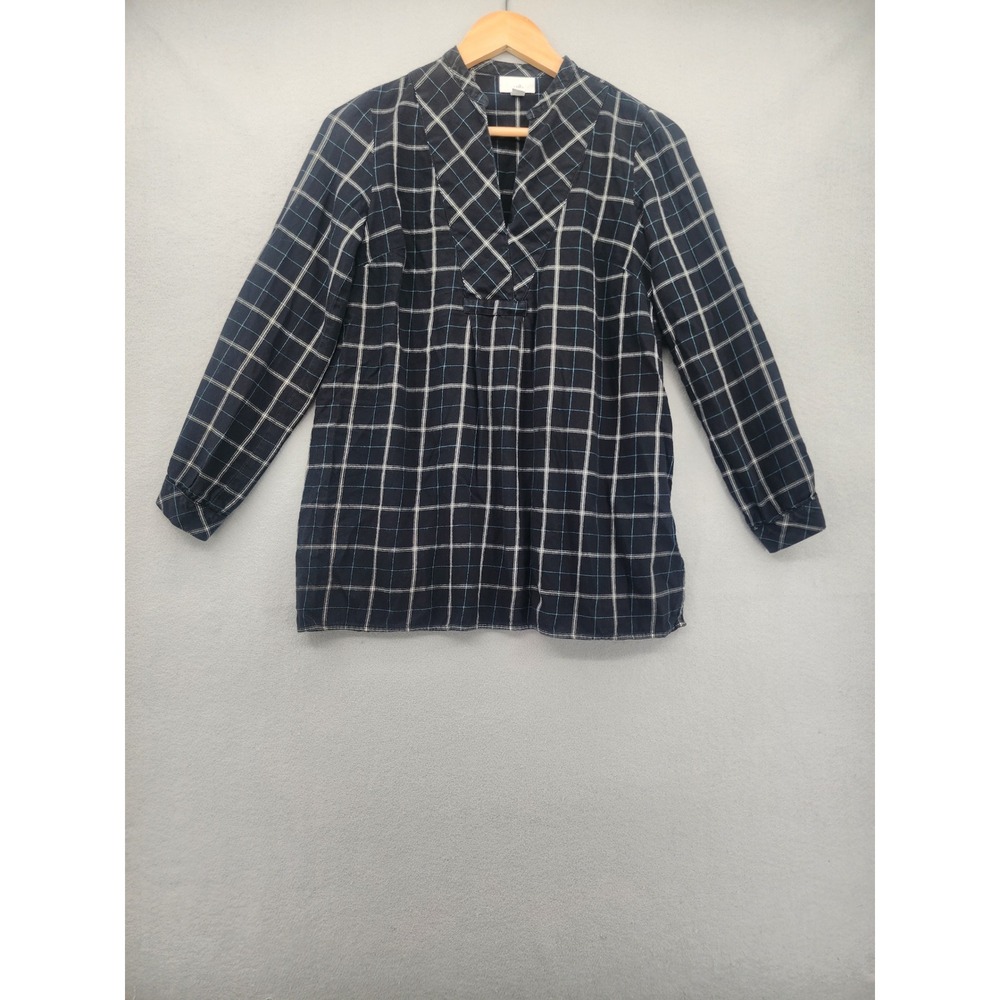 J. Jill Navy Blue White‎ Grid Plaid Cotton Tunic Top Split Neck Womens Size XS